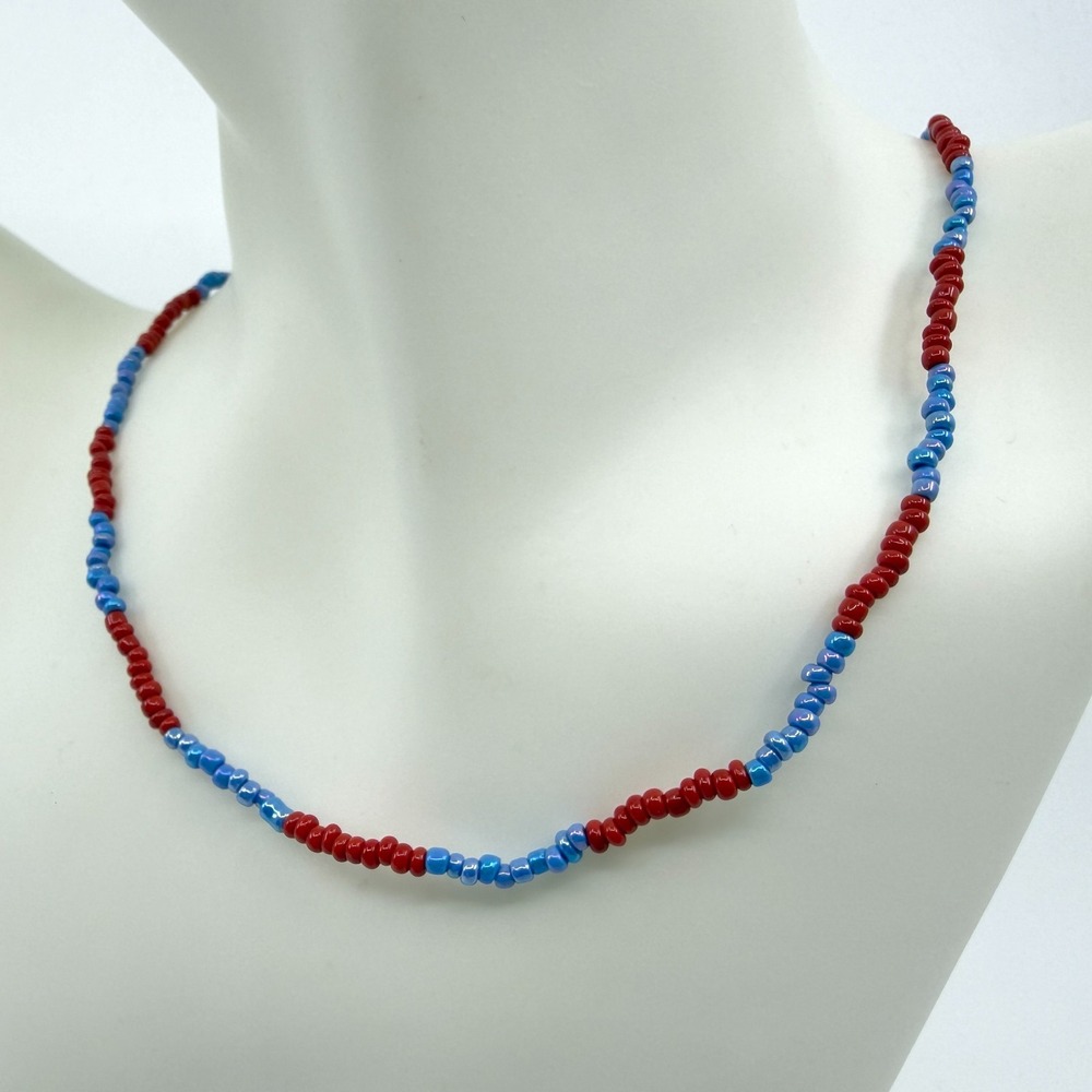 Y2K Red and Blue Seed Bead Necklace Casual Beaded Choker Fashion Jewelry Gift